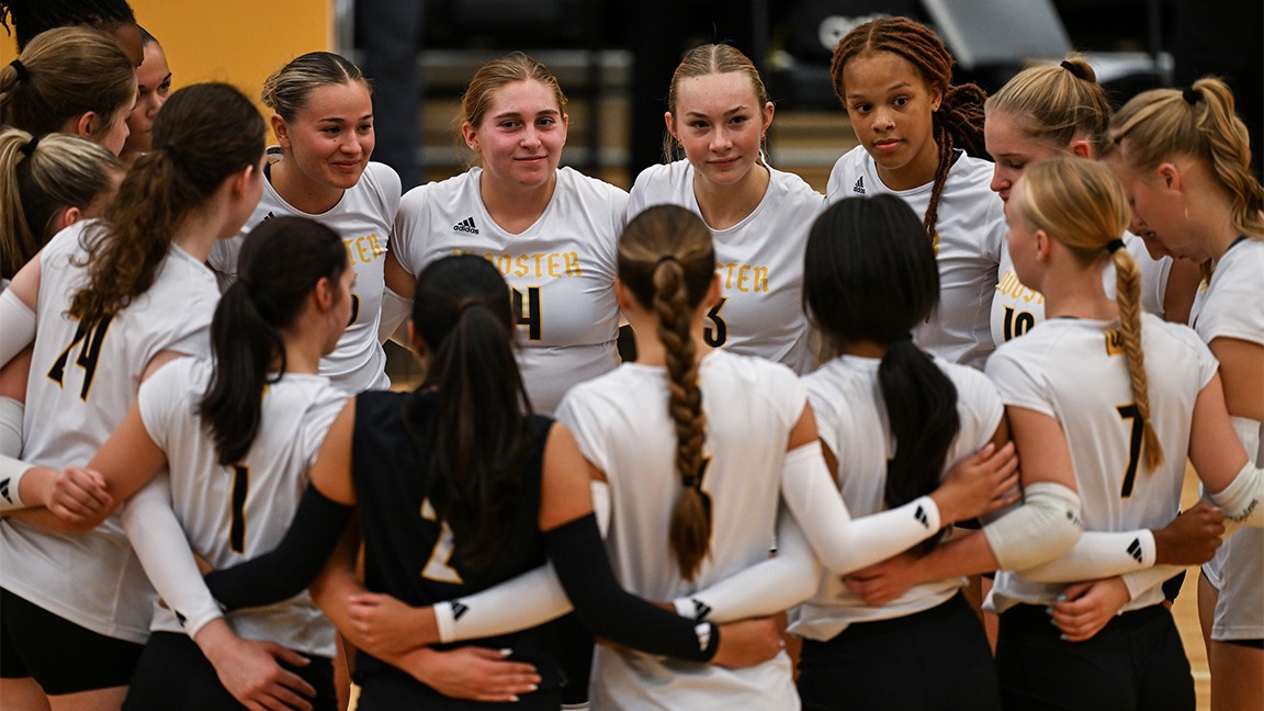 Volleyball team huddles during a break