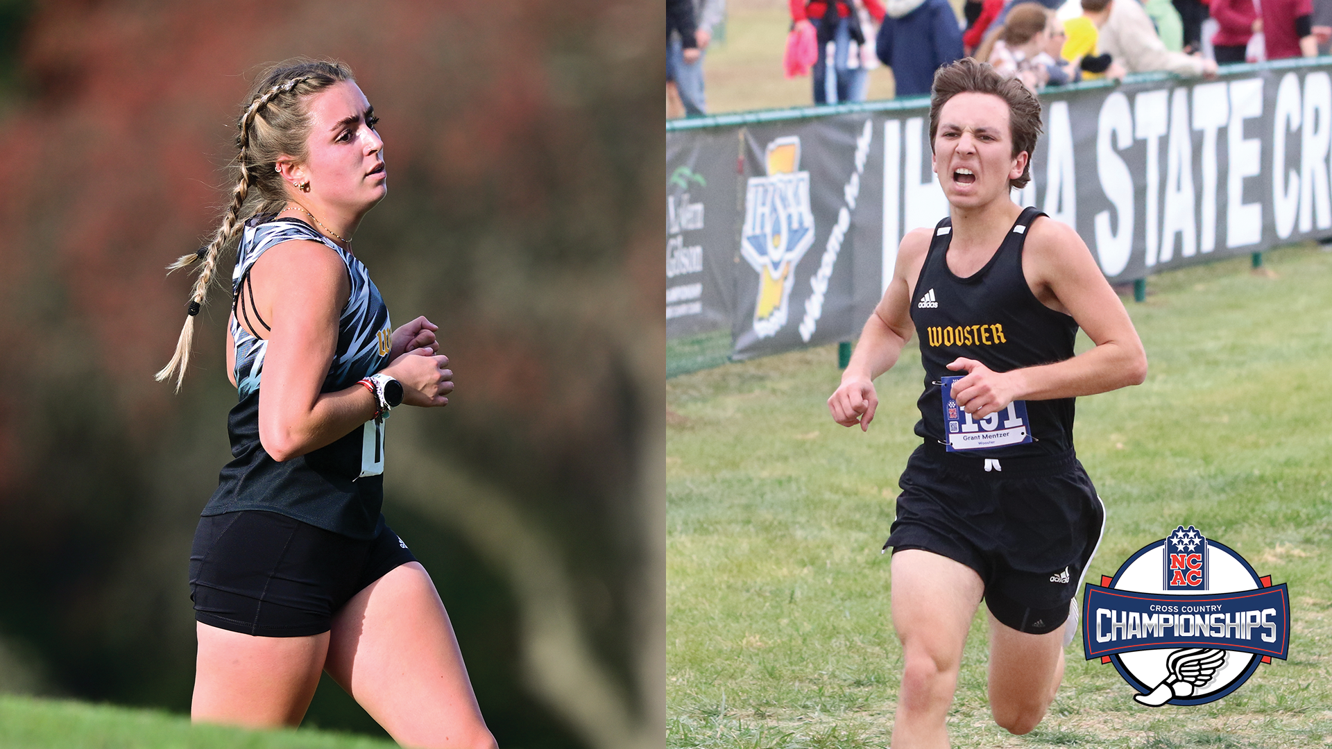 Elise Wheeler and Grant Mentzer running at a meet with the NCAC cross country logo on image