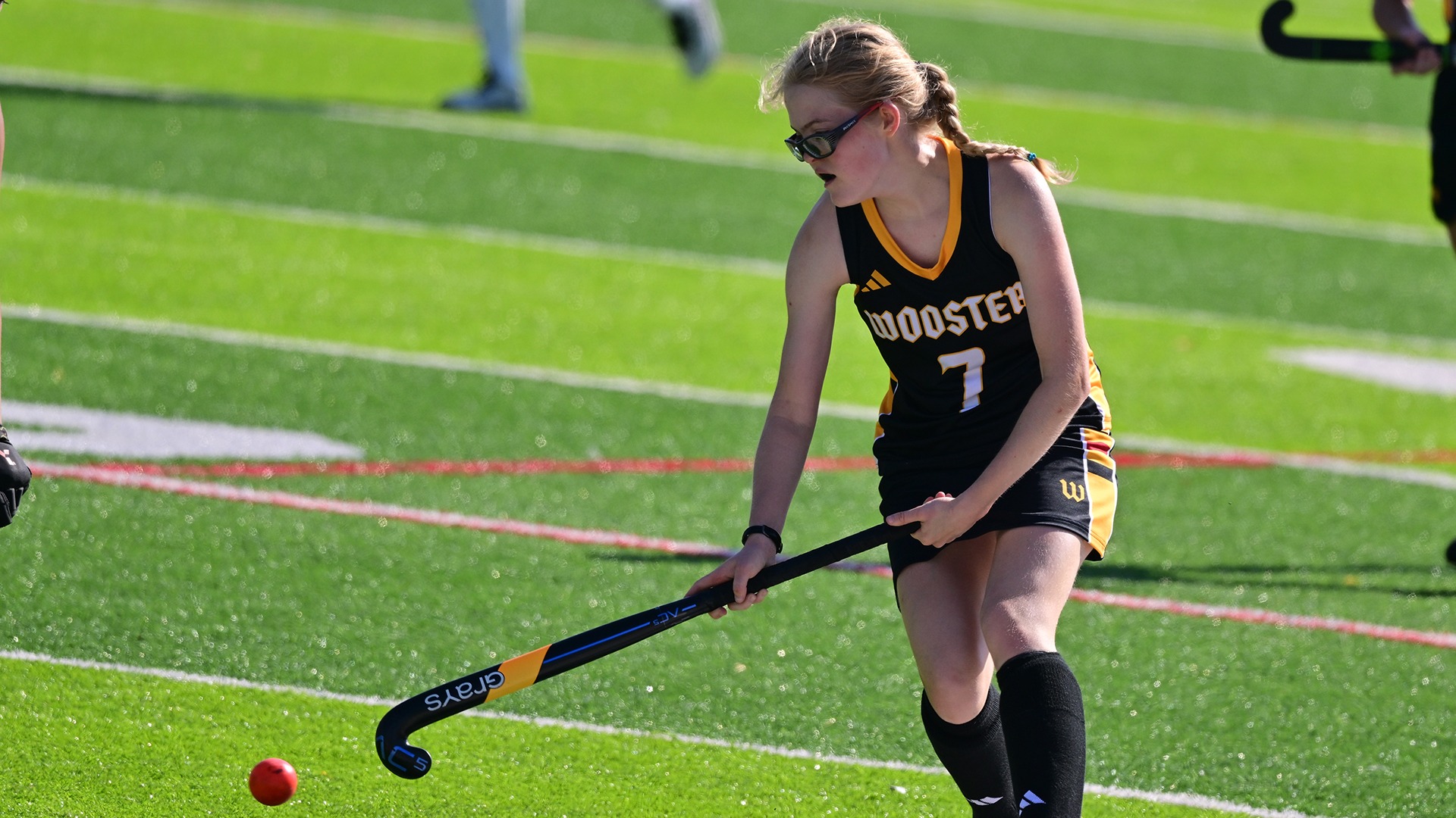 Wooster junior Allie Toombs makes a play on the ball against Wittenberg in a 2025 game.