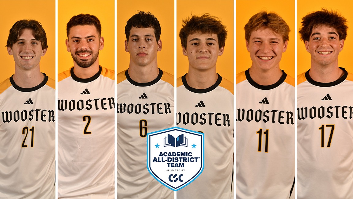 headshots of Wooster's men's soccer CSC Academic All-District® selections - Evan Amend, Ioannis Aristodemou, Jacob Fried, Peter Kalitka, Elliot Miller, Evan Peratopoulos