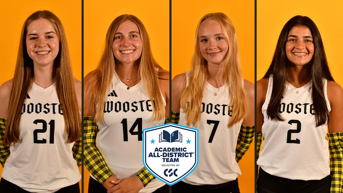 Headshots of Wooster's CSC Academic All-District qualifiers Kora Burill, Natalie Hohman, Jordan Laraway, and Catherine Muzilla and the CSC Academic All-District logo