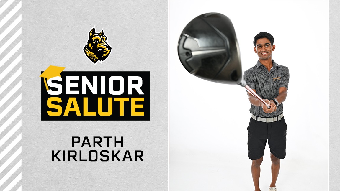Photo of Parth Kirloskar, senior salute logo, text of name