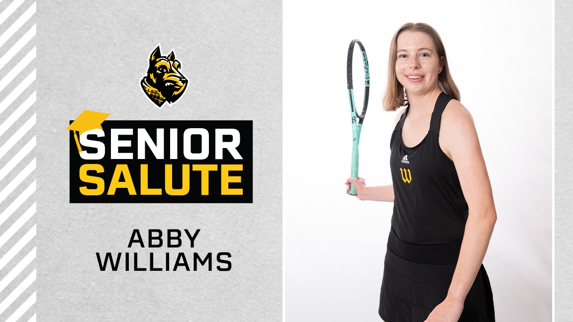 Photo of Abby Williams, senior salute logo, text of name