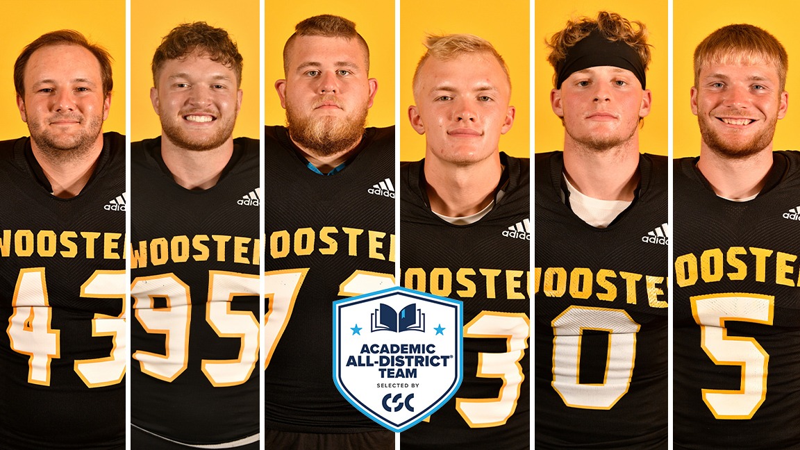 Headshots of Wooster football's 2025 Academic All-District selections Nick Bostic, Isaac LaFay, Ivan Majestic, Michael O'Brien, Charlie Scoggin, Brock Sivon