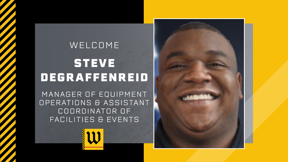 head shot of Steve DeGraffenried on the right. On the left text reading: Welcome Steve DeGraffenreid Manager of Equipment Operations & Assistant Coordinator of Facilities & Events