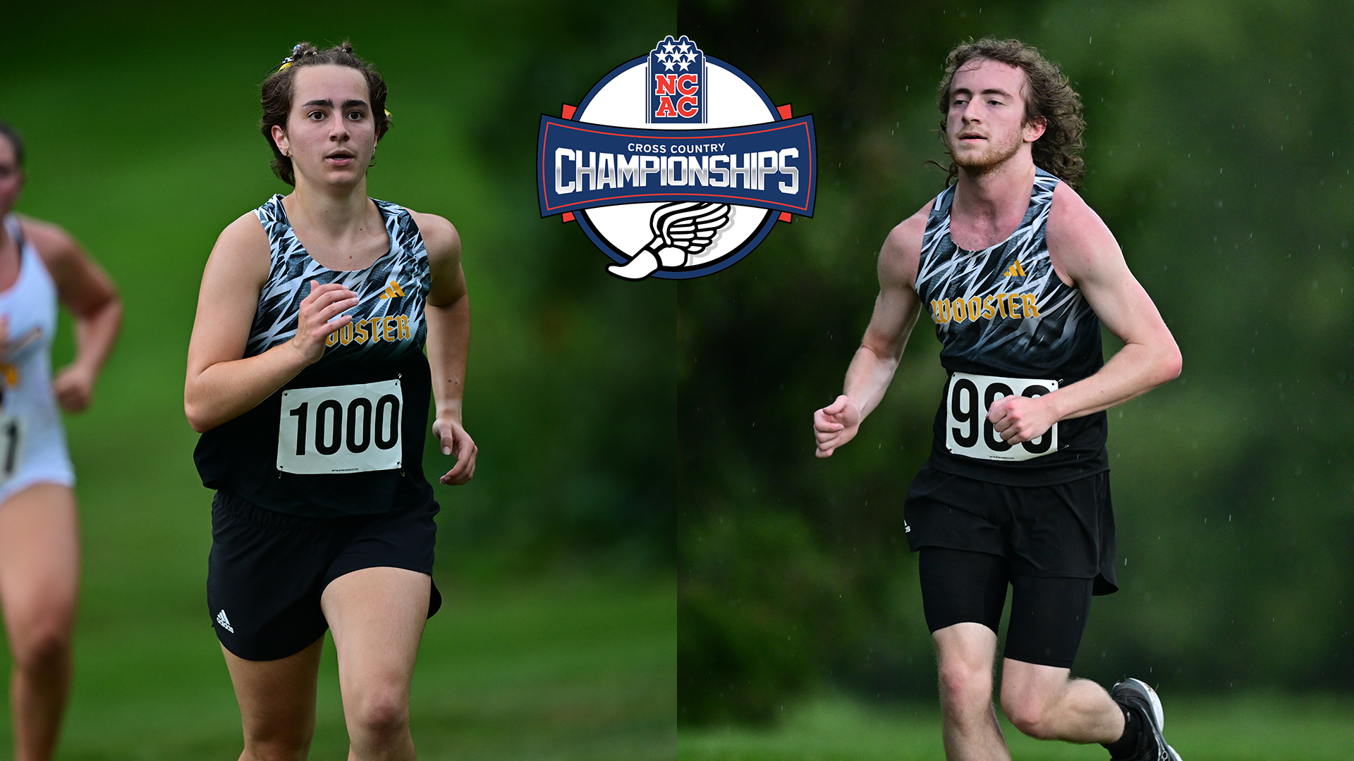 Action photo of Cheyenne Wentz (left) and Eion McKernan (right) running at the 2026 Wooster Invitational with the NCAC cross country championship logo between them