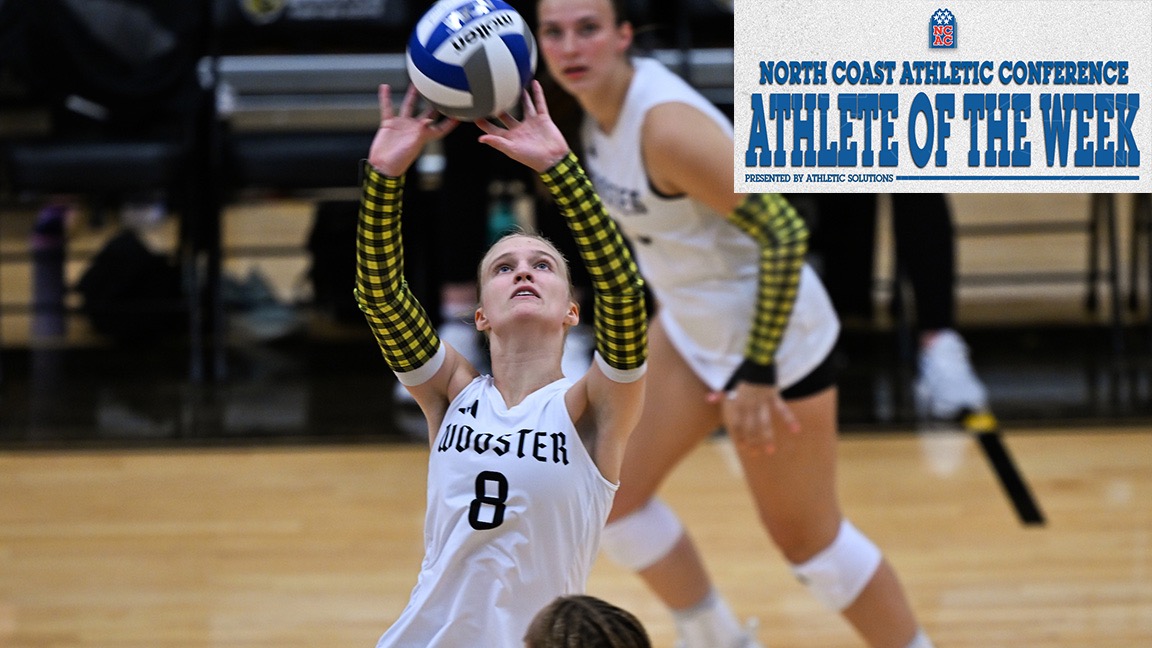 Kennedy Muhlenkamp in the act of setting a volleyball. The NCAC AOTW logo is in the top, right corner.