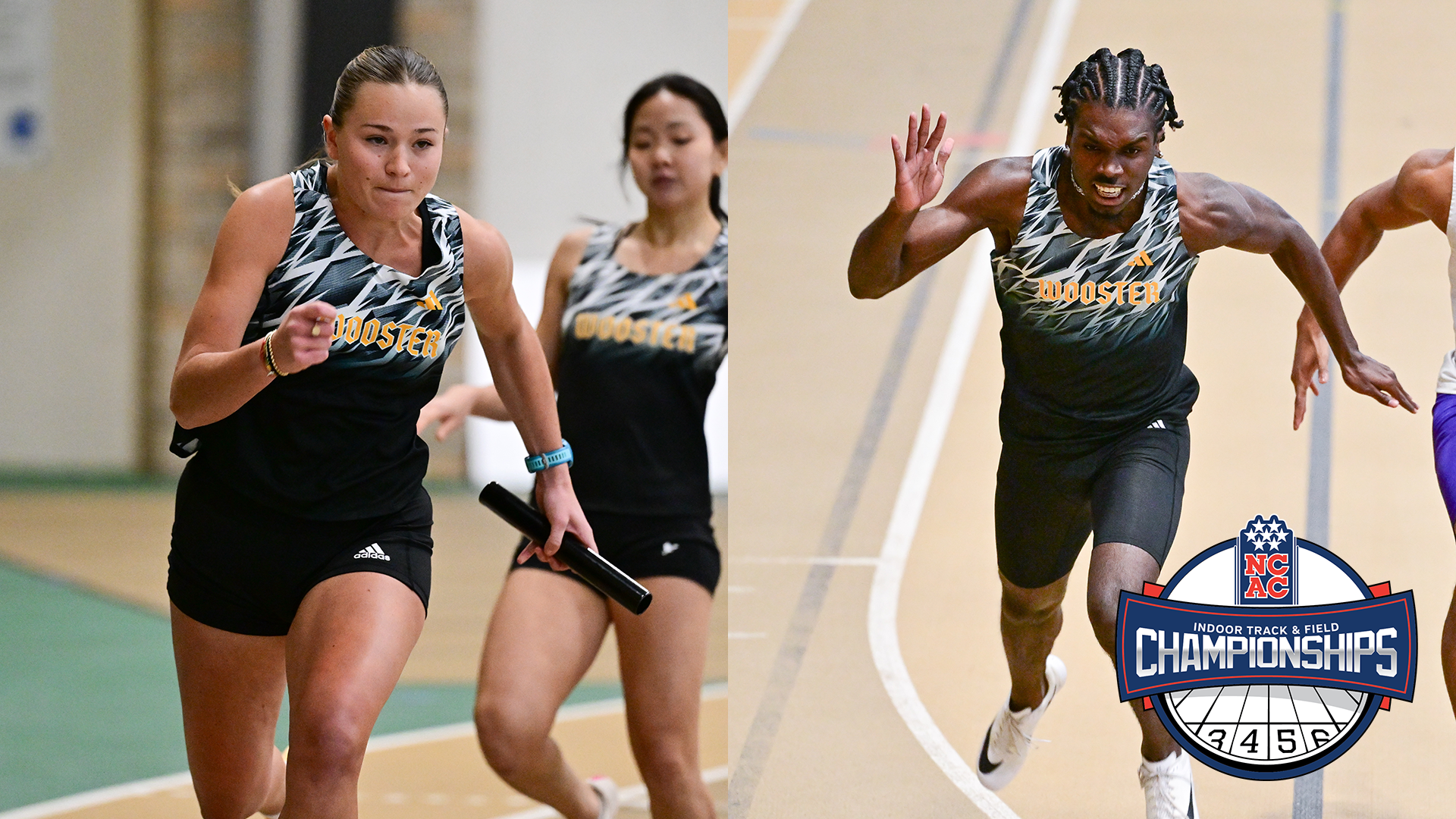 Izzy Cozzie and Franklin Adu-Baah run sprints at a 2026 meet and NCAC championships logo overlayed on top of photo in corner