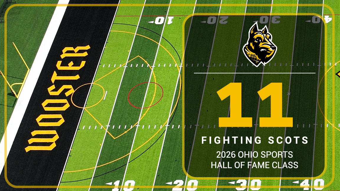 Photo of turf at John P. Papp Stadium with text overlayed announcing 11 with College of Wooster ties are part of the Ohio Sports Hall of Fame class