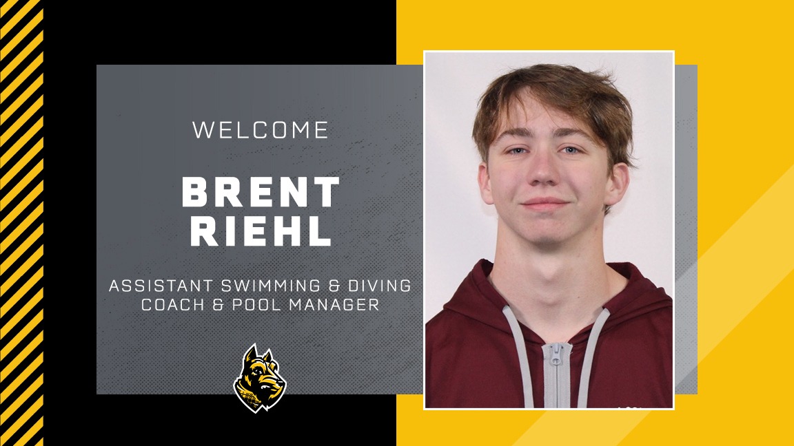 Headshot of Brent Riehl with text announcing him of swimming and diving assistant and pool manager