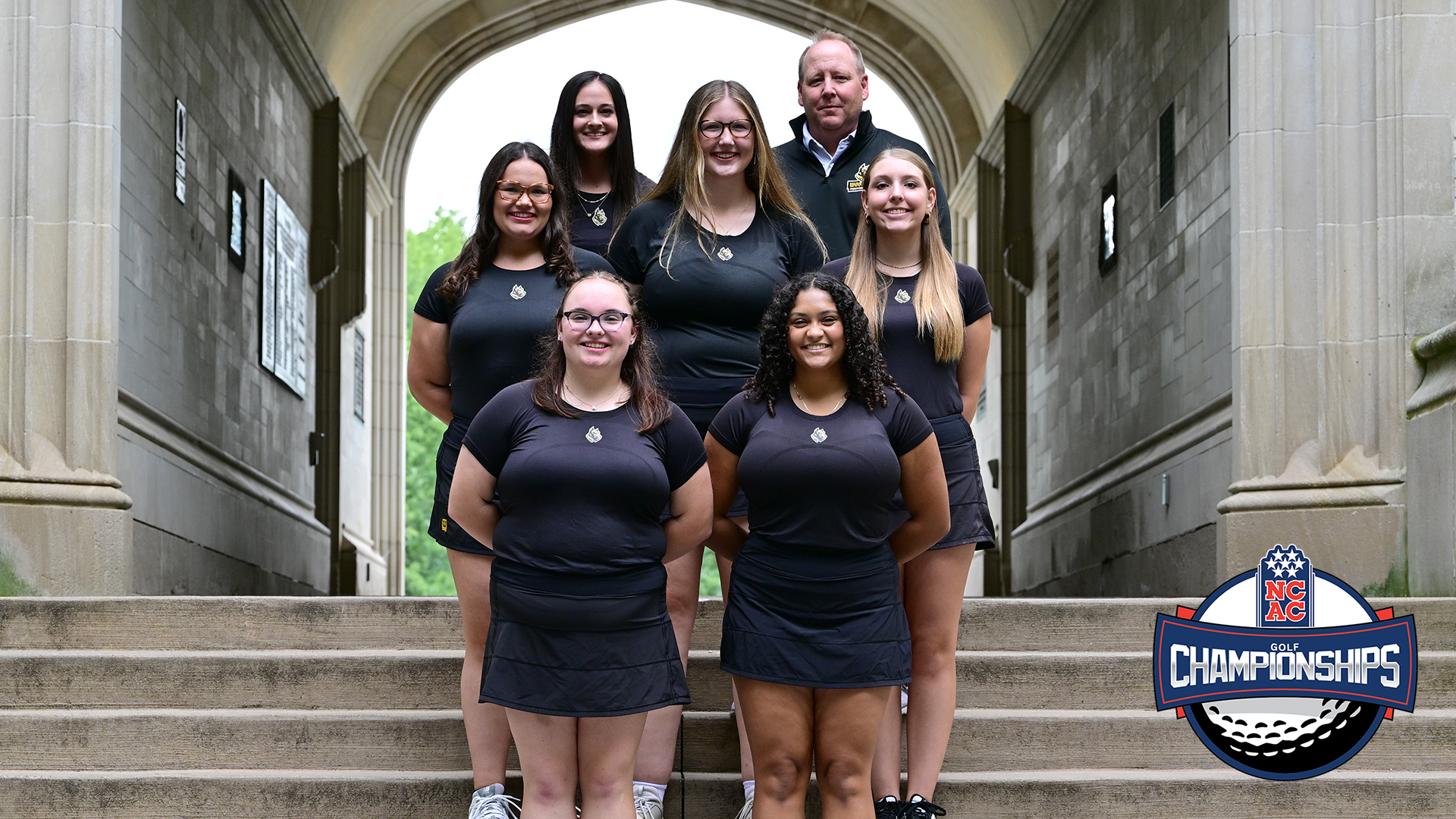 Team photo of 2026 Wooster women's golf team with NCAC golf championship logo overlayed