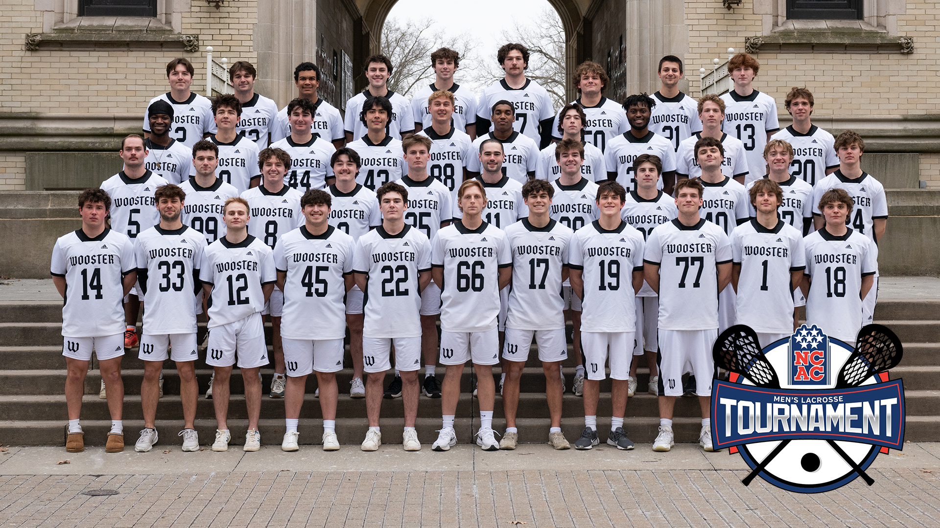 Team photo of 2026 College of Wooster men's lacrosse team with NCAC men's lacrosse tournament logo overlayed in lower right hand corner