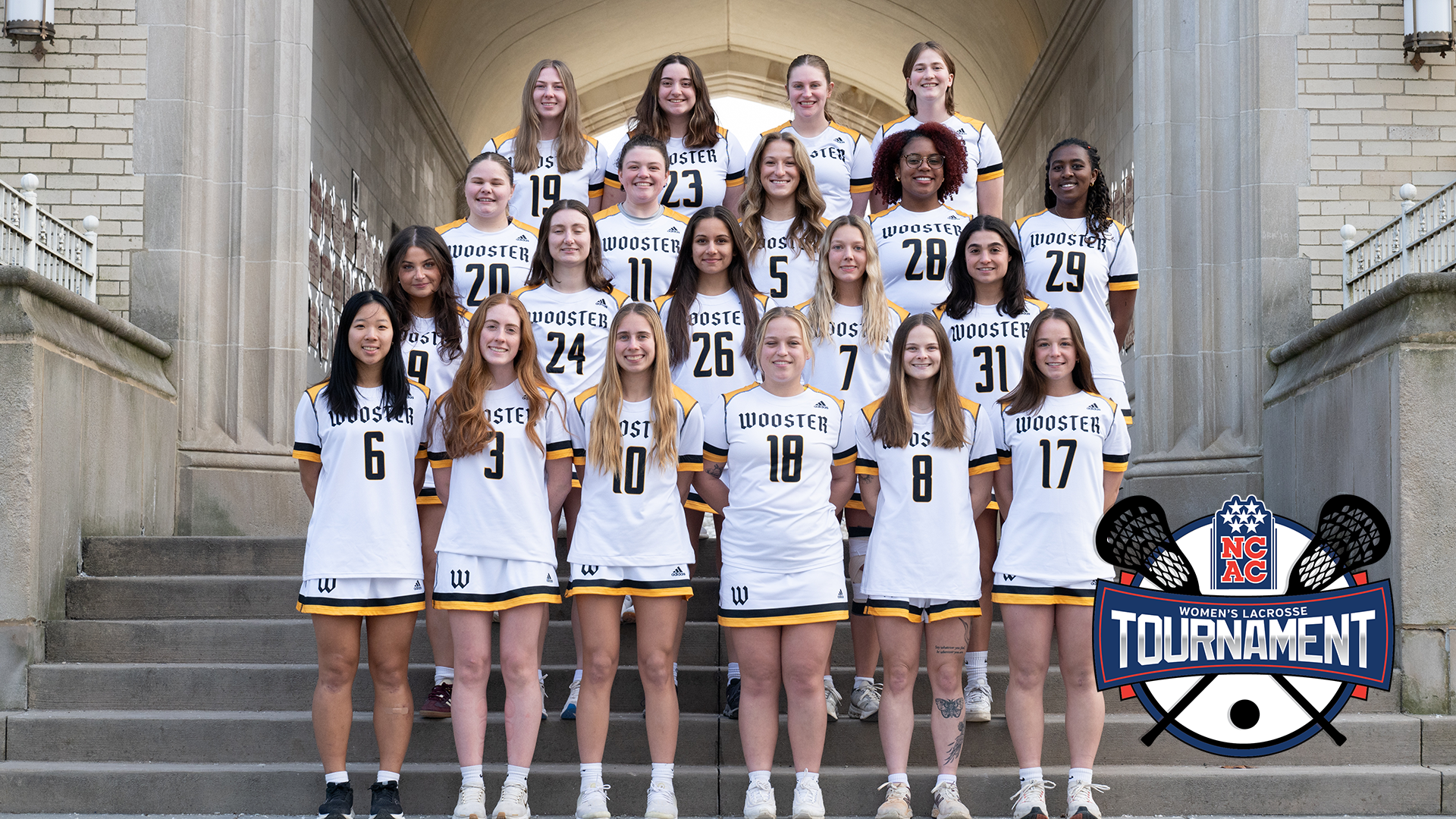 Team photo of Wooster's 2026 women's lacrosse team with women's lacrosse tournament notebook overlayed in lower right hand corner