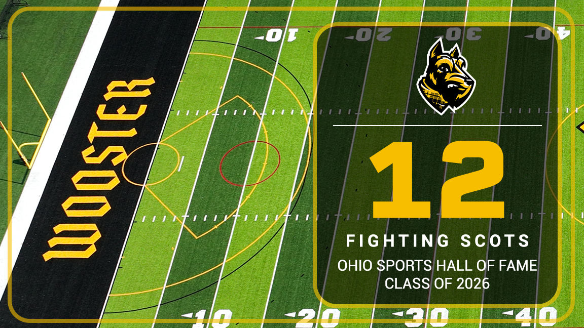 Papp Stadium turf with text overlay of 12 Wooster Fighting Scots in Ohio Sports Hall of Fame Class of 2026