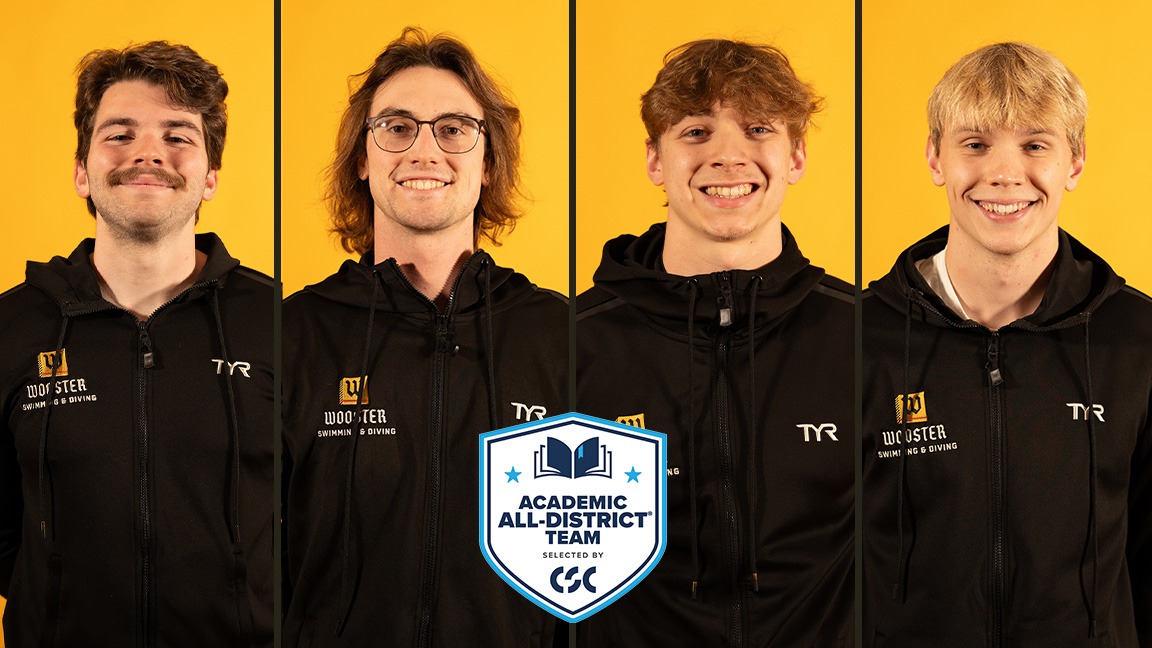 Headshots of Wooster's men's swimming and diving Academic All-District selections - Callum Glover, Will Laubacher, Ethan Neuner, Boston Sullivan, and CSC Academic All-District logo