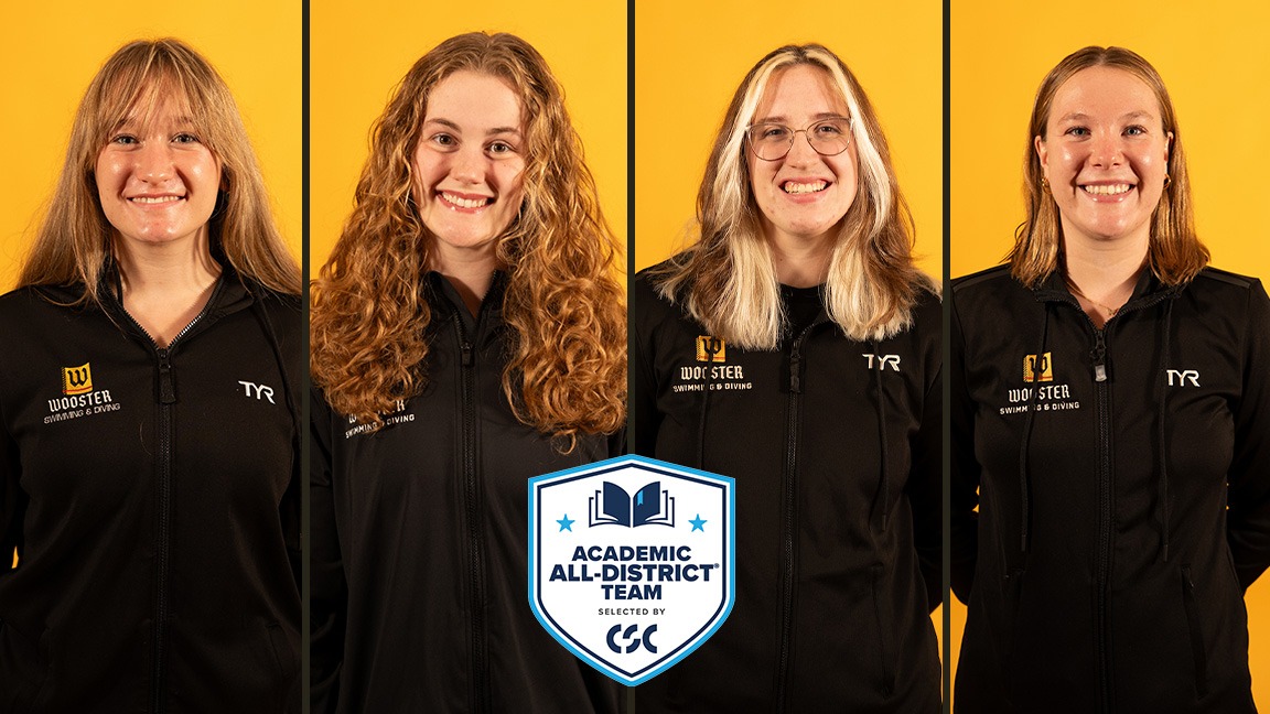 Headshots of Wooster's 2026 women's swimming and diving CSC Academic All-District qualifiers - Rachel Frank, Emma Humbert, Elizabeth Theobald, Keara WIley and the CSC Academic All-District logo