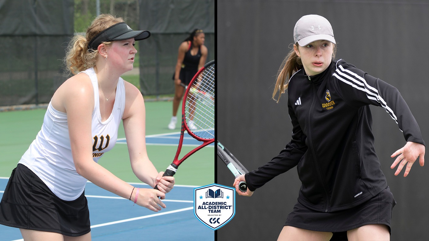Action photos of Elyse Errington (left) and Abby Williams (right) with CSC Academic All-District logo in the middle
