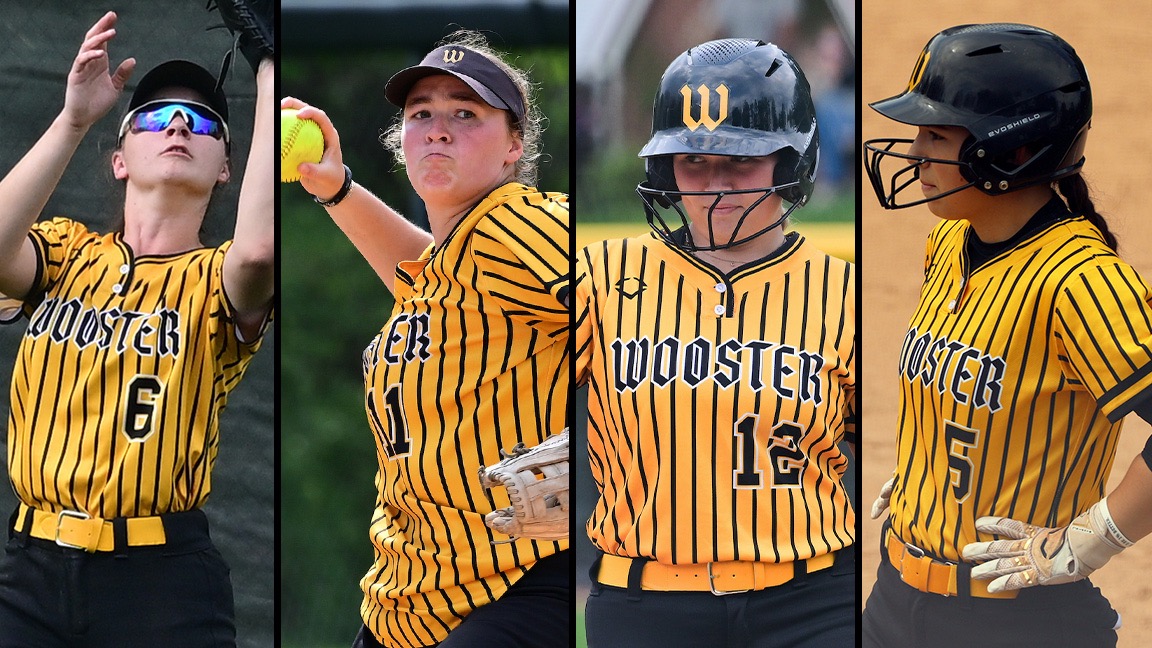 Action photos from left to right of Emma Hetkey, Julia Jennings, Jillian Meszaros and Larken Koran, who were named All-NCAC recently