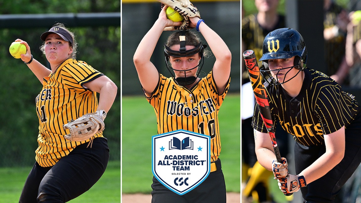 Action photo of Julia Jennings throwing the ball, Tori Conner winding up for a pitch, Cate Barkdoll gripping down on the bat displayed side-by-side, left to right, with CSC Academic All-District overlayed on top