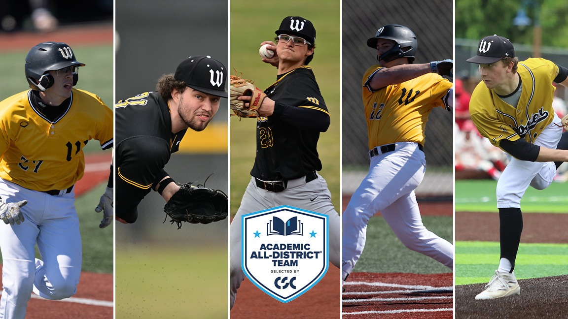 Action photos of Wooster baseball players Alex Eusebio, Ryan Kramer, Colin Leslie, Luke Rizzo, Michael Scarpelli and the CSC Academic All-District logo overlayed on it