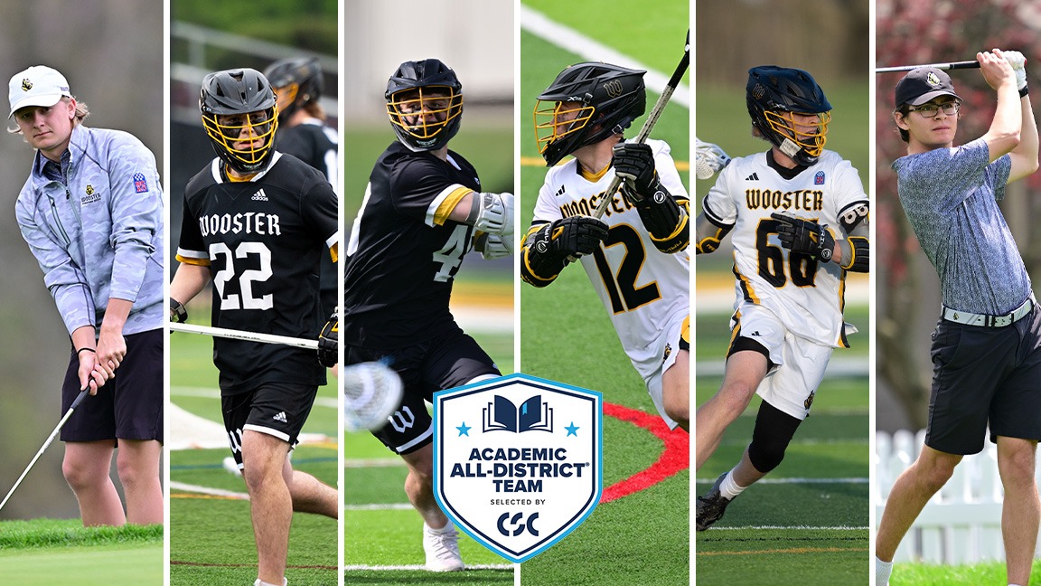 Action photos of Andrew Carey, Domenic Cuda, John Allen Ginder, Sam Green, Lane Kellogg, Jake Cammarata with CSC Academic All-District logo overlayed