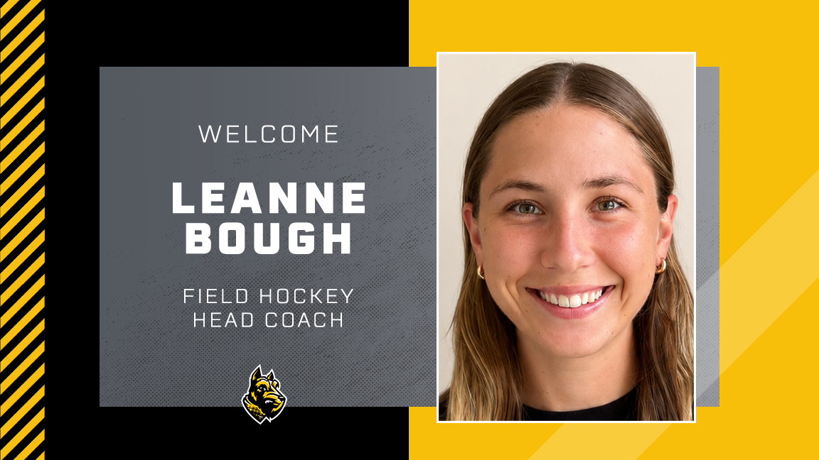 Leanne Bough headshot, text of name, and text saying hired as head field hockey coach