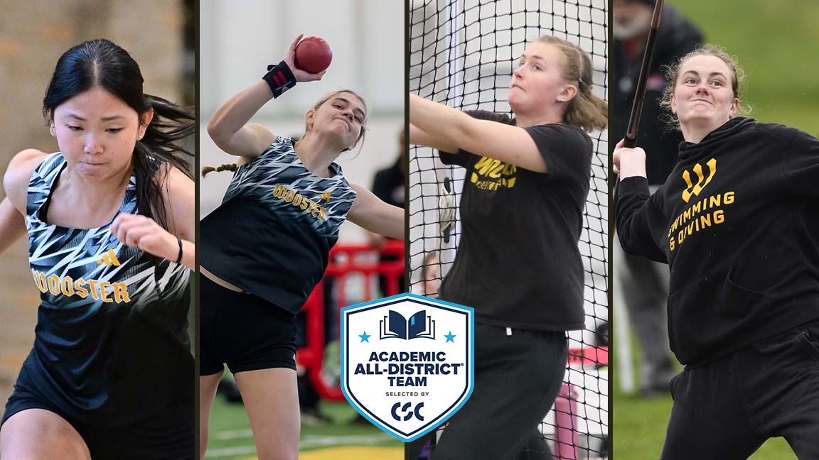 Action photos of Claire Davis starting a race, Kylie Parsons throwing the shot put, Evie Sanford throwing the weight, and Elizabeth Theobald throwing the javelin