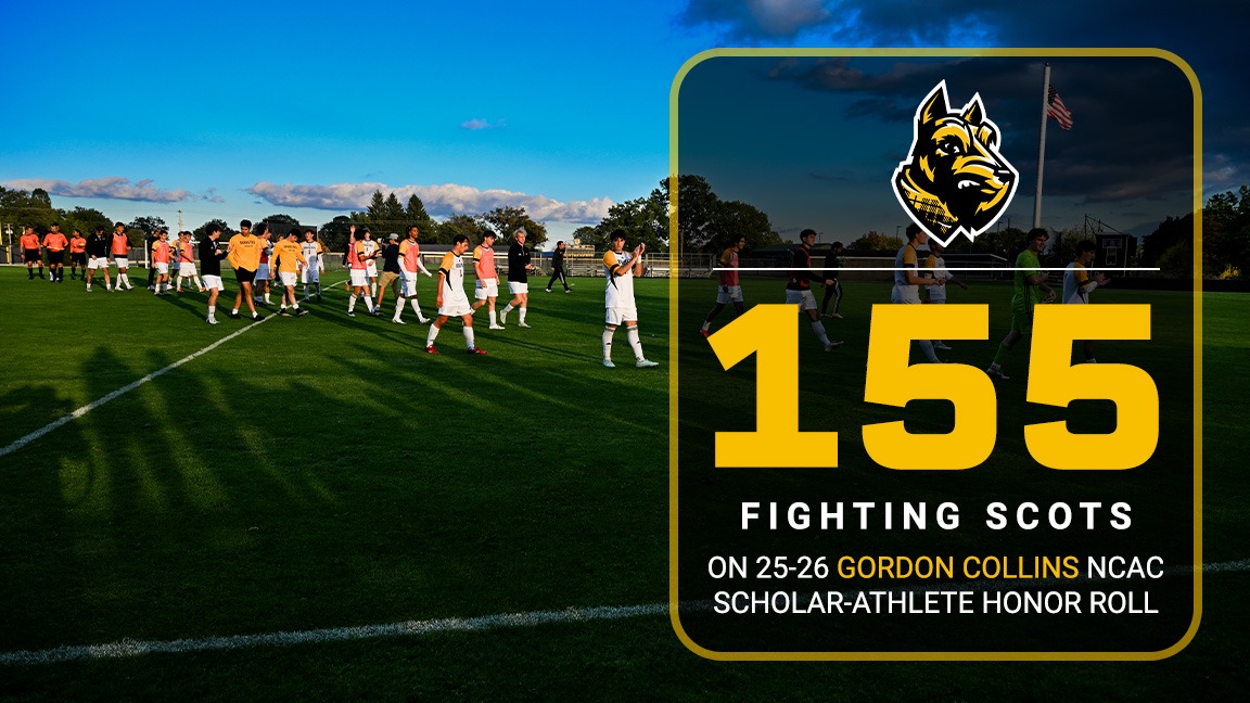Graphic of 155 on Dr. Gordon Collins Scholar-Athlete Honor Roll overlayed on photo of soccer field
