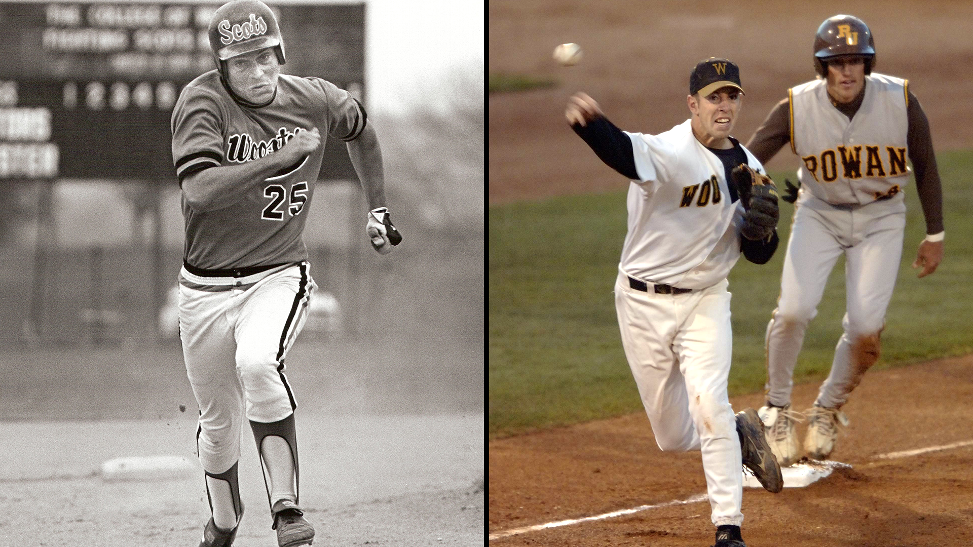 Action photo of Rick Sforzo running to first base and Jake Frank throwing to first base