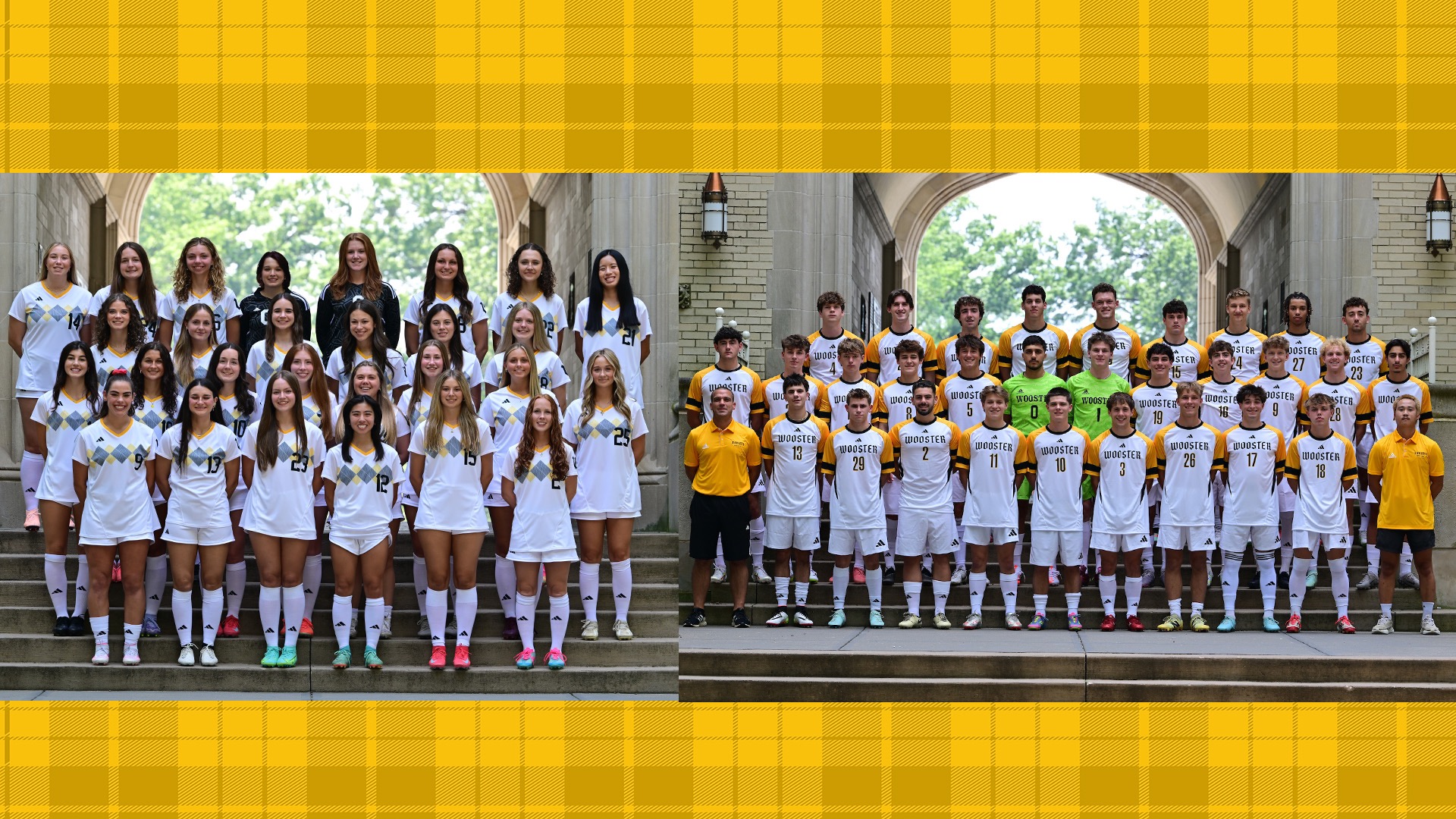 The 2025-26 women's soccer team photo (left) and men's soccer team photo (right)