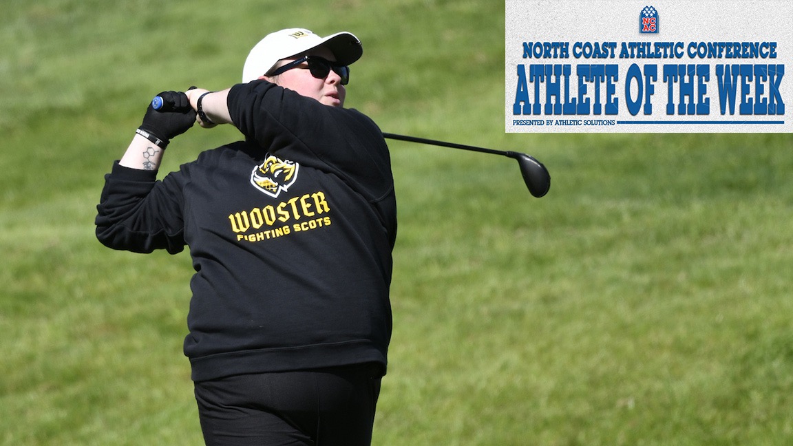 Abby Haywood follows through on a drive. The NCAC Athlete of the Week banner is in the top right corner.