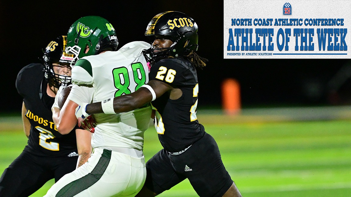 Ja'Ontay O'Bryant makes a tackle against a Wilmington player. The NCAC Athlete of the Week banner is in the top right corner.