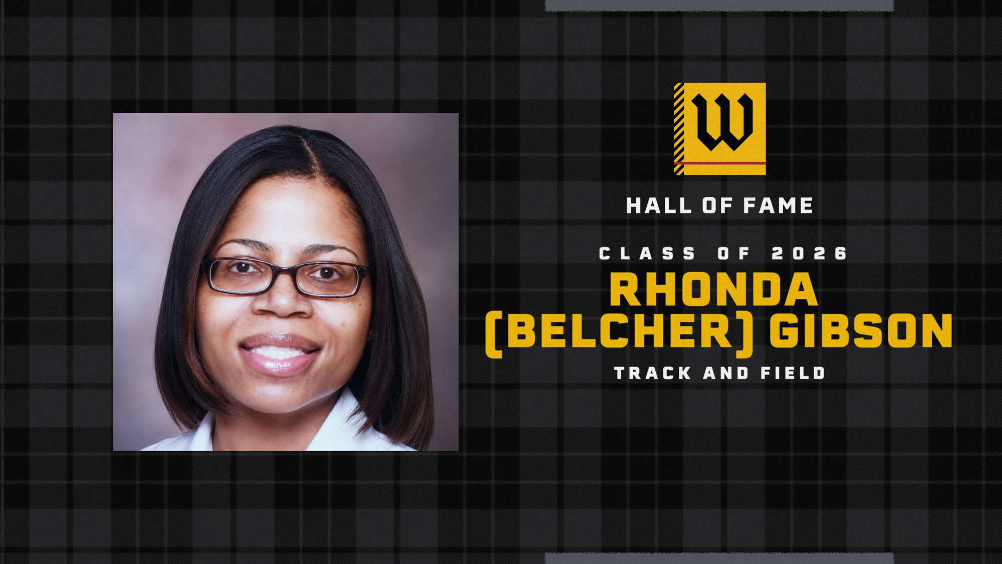 Hall of Fame graphic with headshot of Rhonda Belcher Gibson on the left, W Association Hall of Fame text, text of name, and 2026 induction year on the right