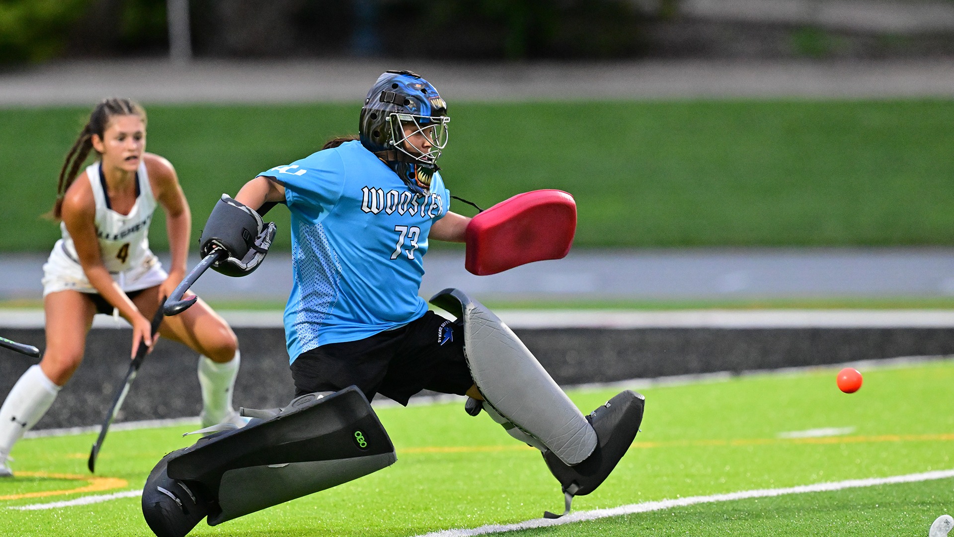 action photo of Nono Kauffman making a save against Allegheny in a 2026 game