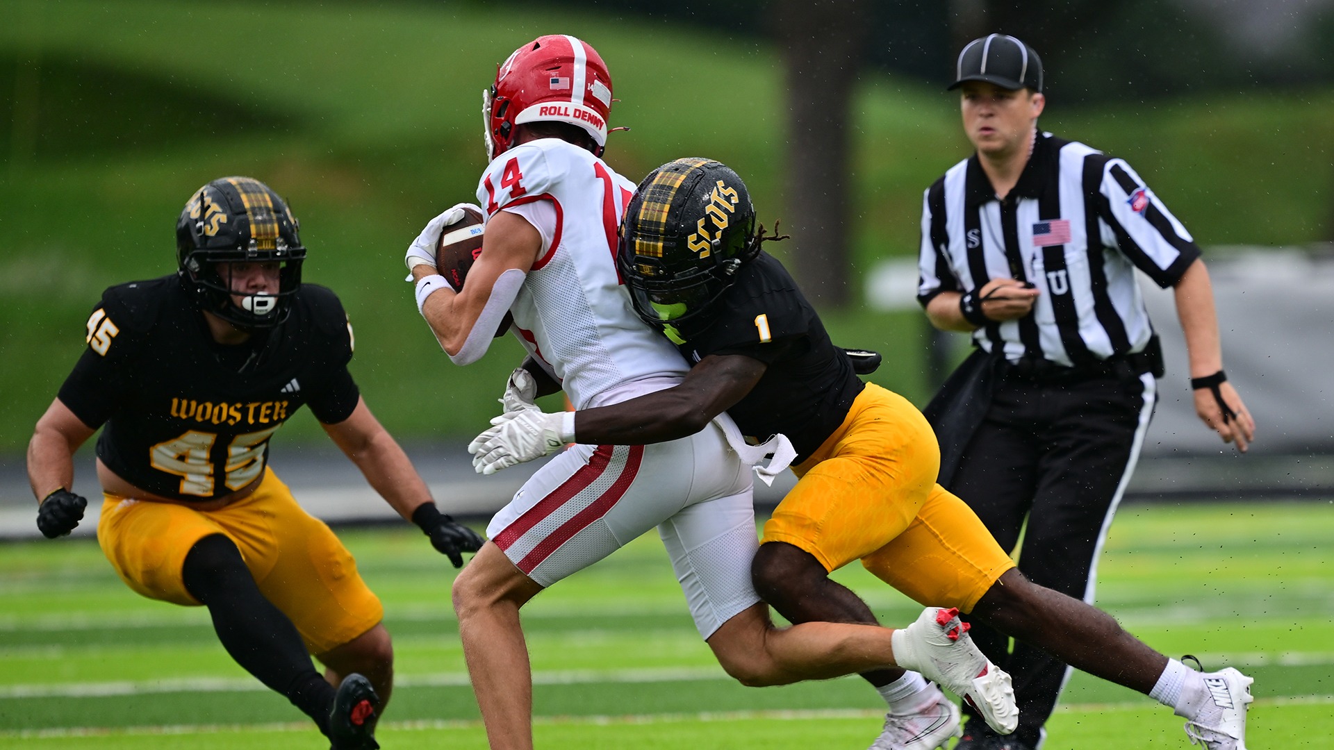 action photo of Damion Cunningham making a tackle against Denison in a 2026 game