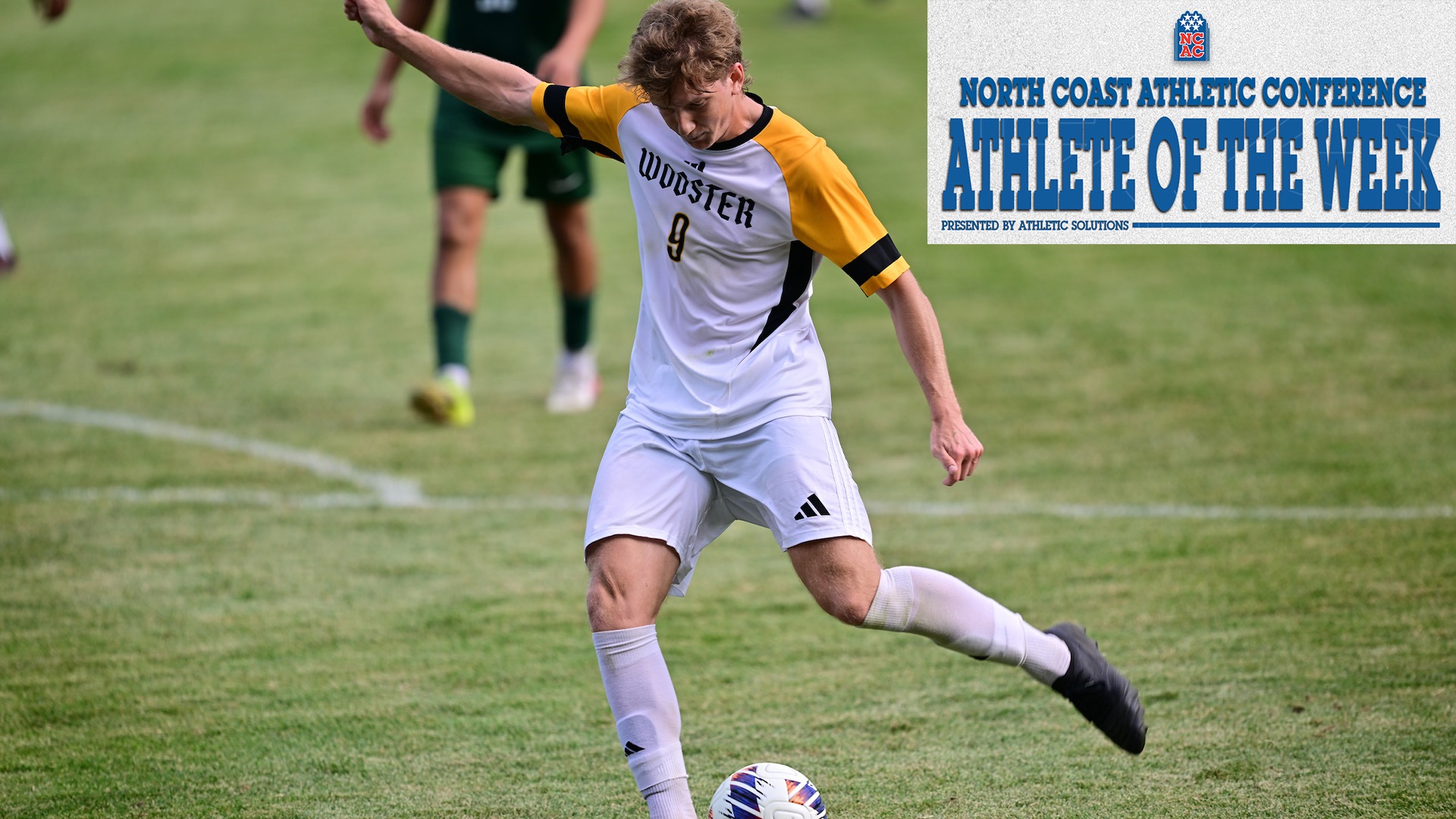 Robert Hillhouse goes to kick the ball with the NCAC Athlete of the Week logo in the top, right corner