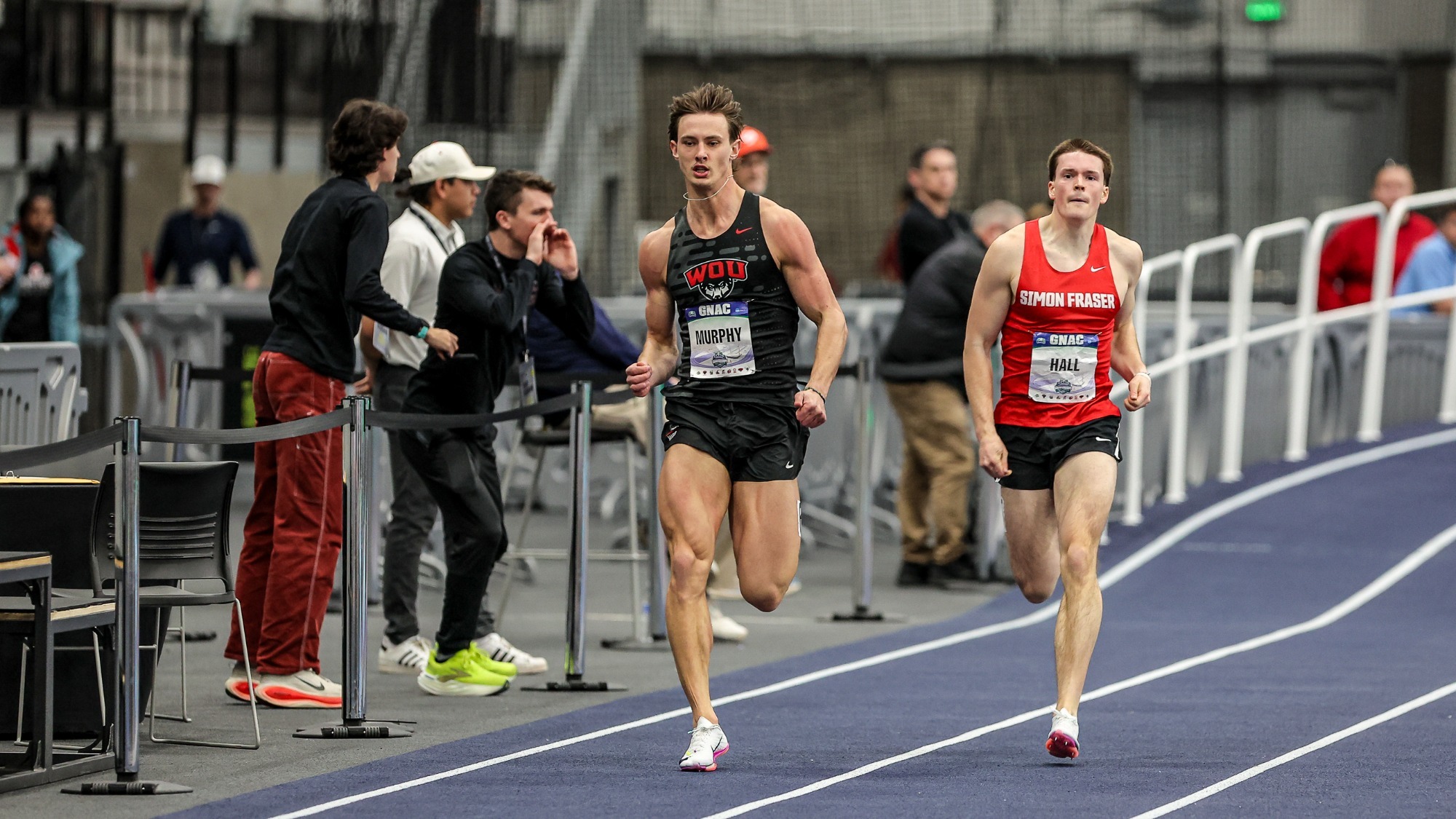 Brennen Murphy setting the 200-meter WOU record at the 2026 GNAC Indoor Championships