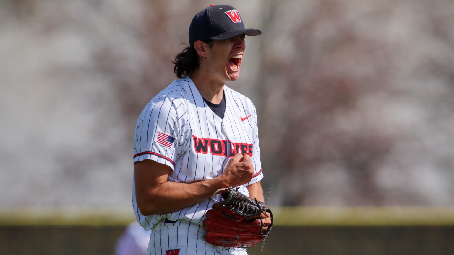 WOU's Ayden Holker celebrates during his outing Saturday against Saint Martin's