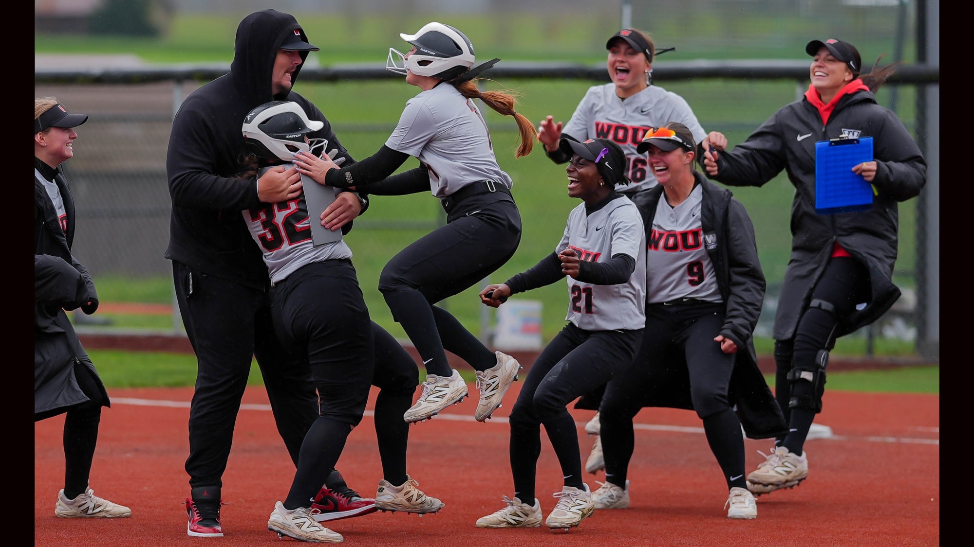 Wolves celebrate following walk-off win Friday against Simon Fraser