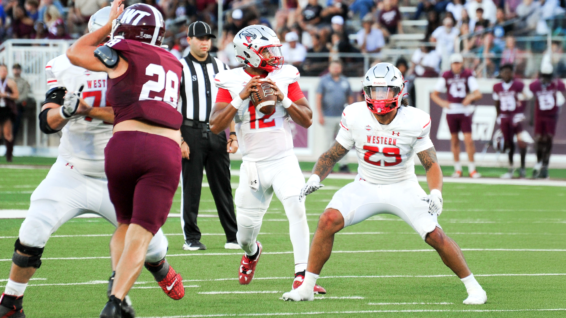 Josiah Roy drops back to pass in game at West Texas A&M