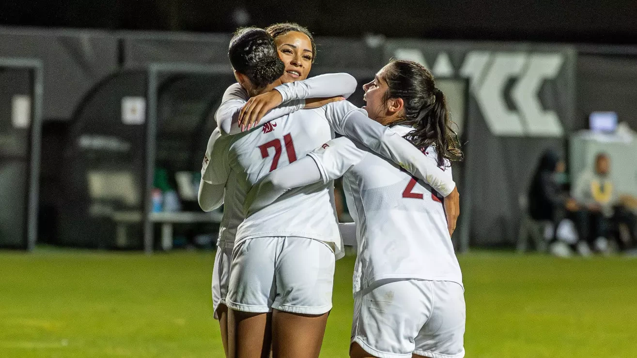 Jordyn Young celebrates with Journey Middleborn and Ava Ghoreishi after scoring, Nov. 5, 2025