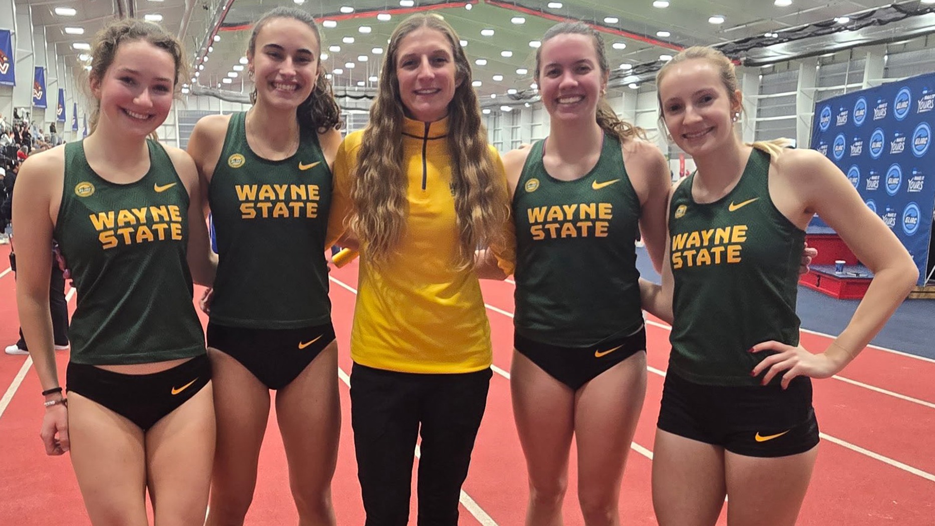 2026 GLIAC ITF DMR Champions - Gdowski, Felstow, Coach Sam Miller, Gordon, Bastiaansen
