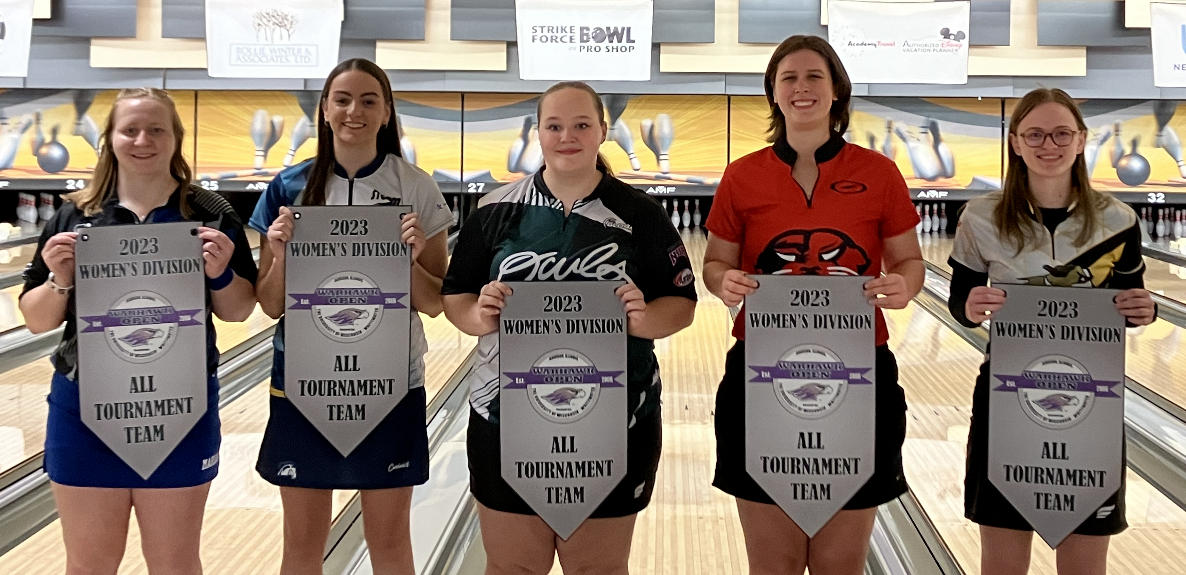 Hailey Triske (middle) earned all-tournament honors at the Warhawk Open, averaging 196.33 pins through six games on Saturday.