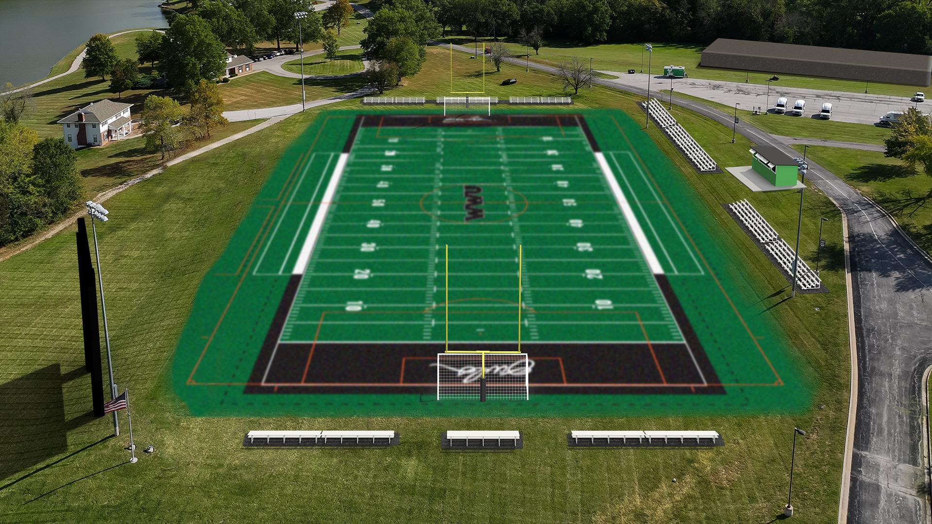A rendering of the planned renovation of Firley Soccer Field to accommodate the addition of Football and Flag Football for the 2024-25 academic year. The artificial turf features markings for American Football (white yard lines and hashmarks, black end zone area) as well as soccer (orange boundary lines, 