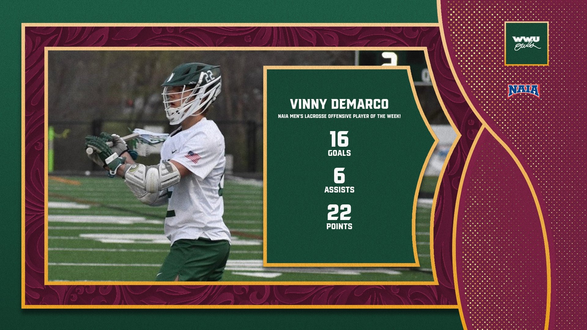 William Woods's Vinny DeMarco was named NAIA Men's Lacrosse Offensive Player of the Week.