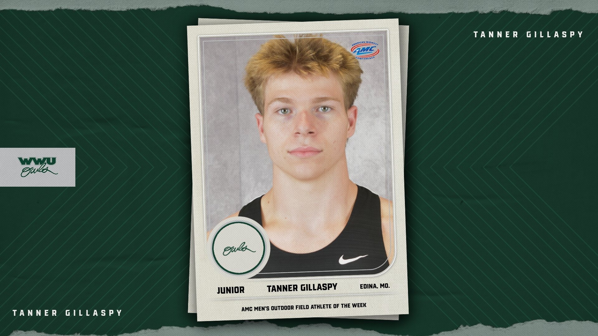 William Woods's Tanner Gillaspy was named AMC Men's Outdoor Field Athlete of the Week.