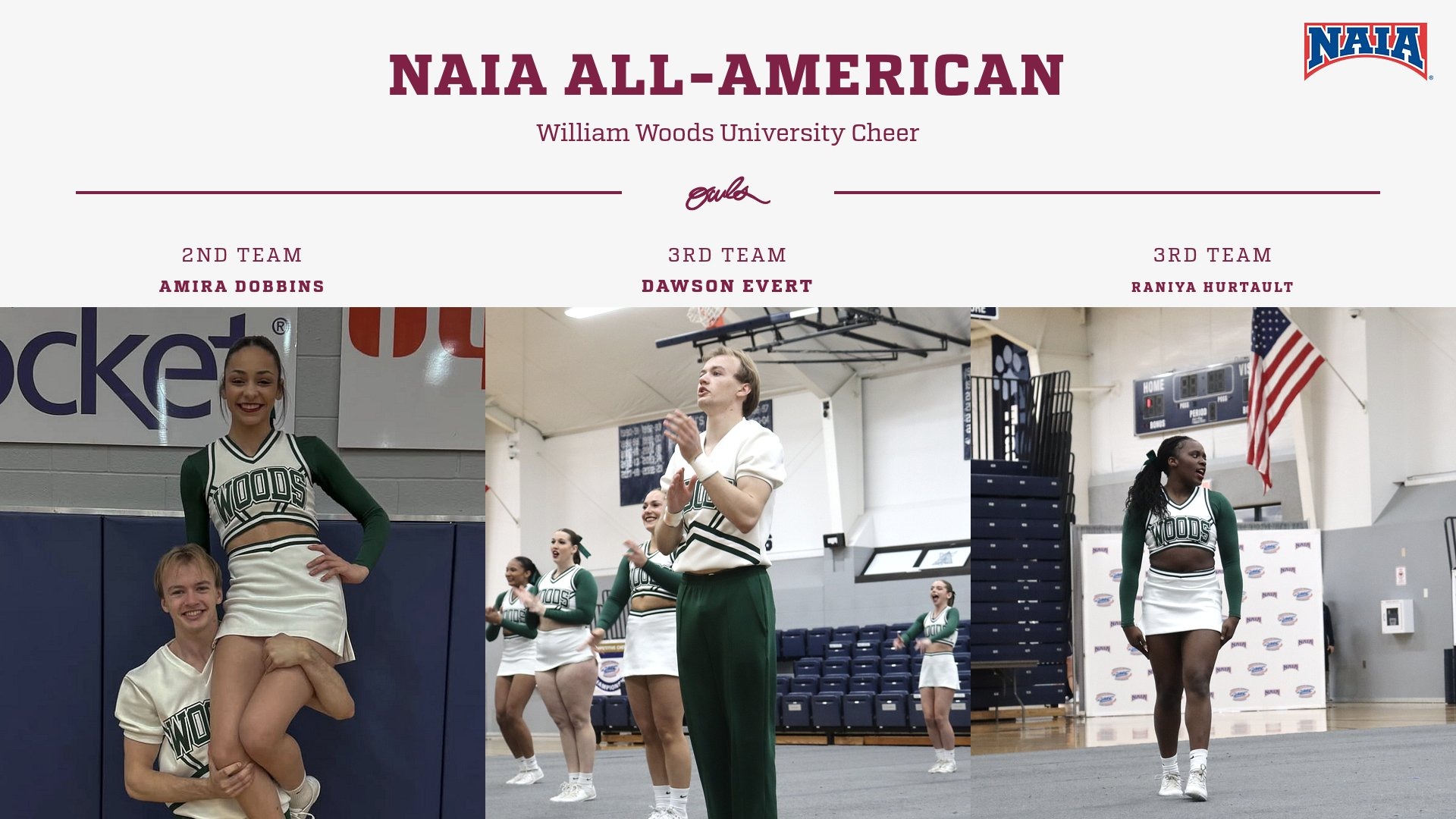 William Woods' Amira Dobbins, Dawson Evert and Raniya Hurtault were named NAIA competitive cheer All-Americans.
