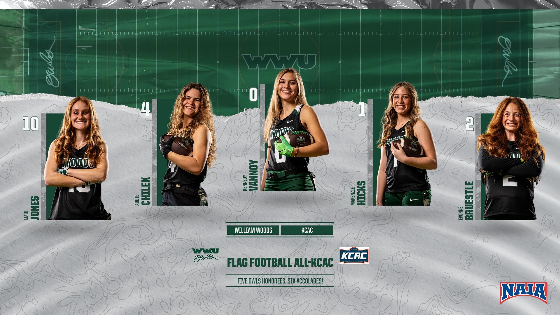 William Woods's five players that received All-KCAC flag football honors.