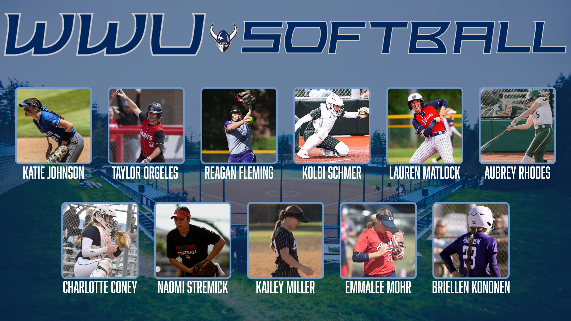 A landscape Western Washington University softball graphic features 11 players arranged in two rows over a blue-tinted photograph of a softball field, with fencing, bleachers and trees in the background. Large navy lettering outlined in white across the top reads “WWU SOFTBALL,” with the Viking head logo between “WWU” and “SOFTBALL.” Each player’s photograph has a light-blue rounded border and her name beneath it in tall, white capital letters.