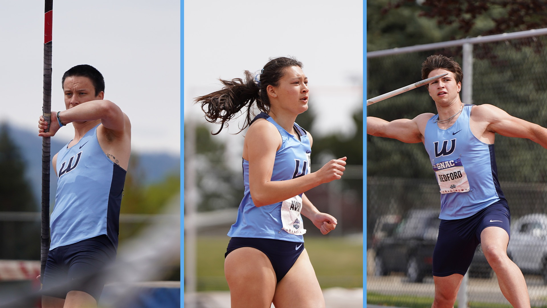 Photo of a pole vaulter, runner and javelin thrower all wearing light blue WWU uniforms